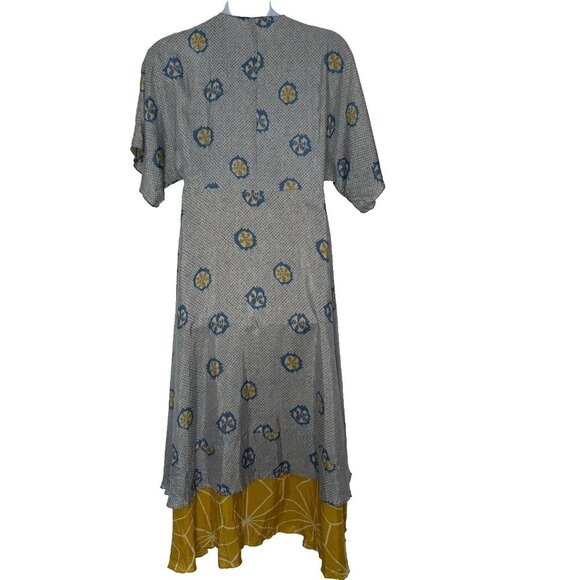 Territory Ahead Wrap Maxi Dress Womens 16 Geometric 100% Silk Gray Blue Yellow - Picture 2 of 9